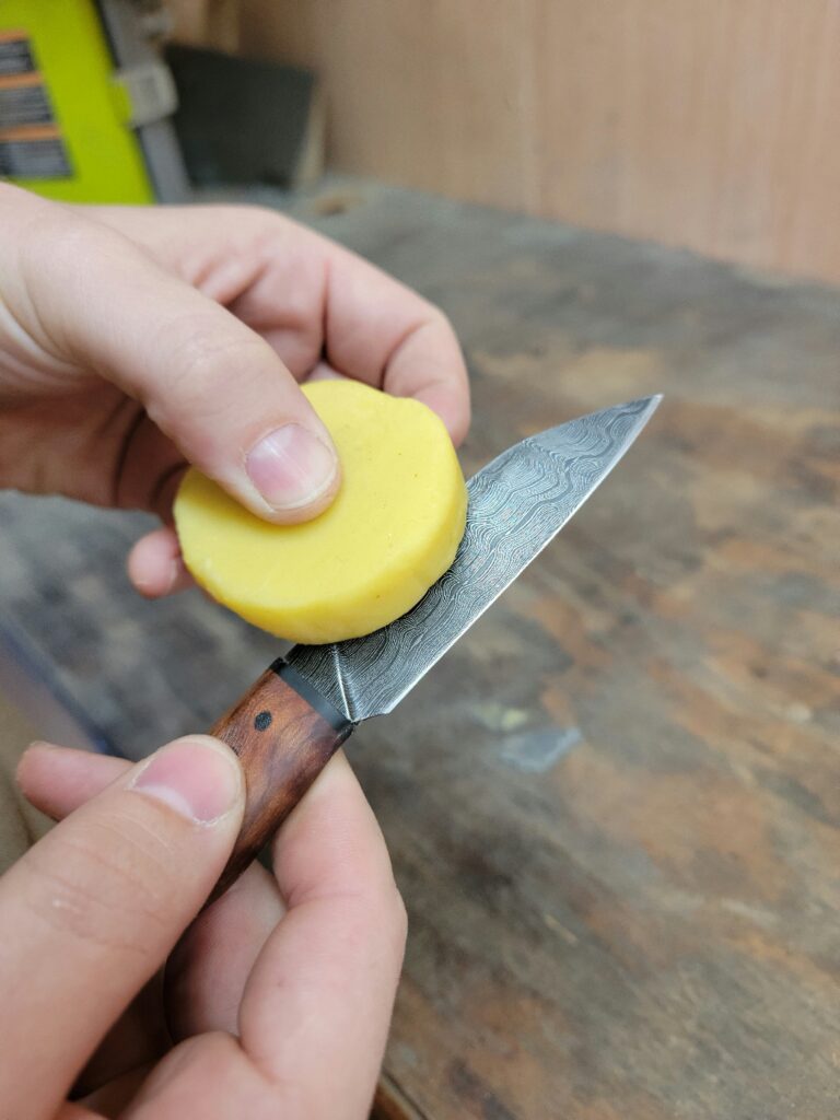 wax puck, damascus paring knife